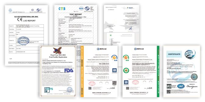 Collage of product test reports and certification documents