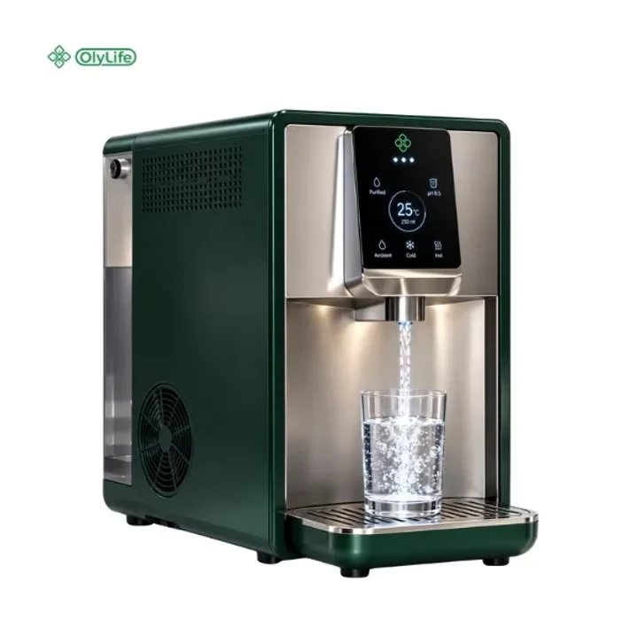 Spring Water SW-MAX vandsystem i grønt og rustfrit stål med berøringsskærm, der tapper vand i et glas