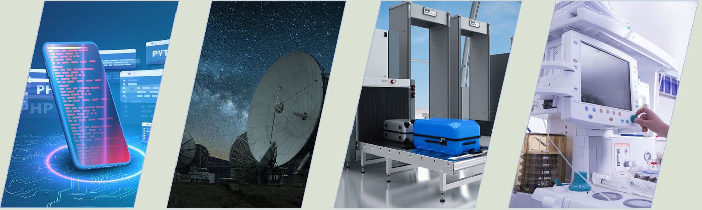 Fyra foton som illustrerar användningsområden för terahertz: en smartphone, radarantenner, en säkerhetsskanner på en flygplats och medicinsk utrustning